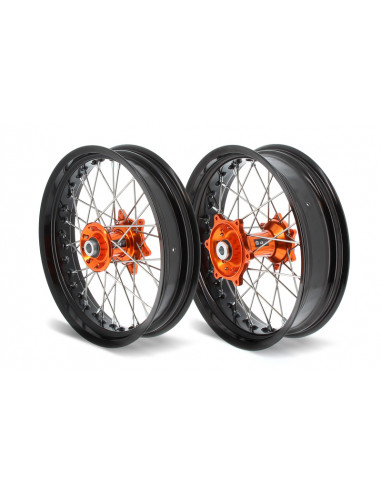 Kit roues complètes avant + arrière ART SM 17x3,50/17x4,50 jante noir/moyeu orange KTM