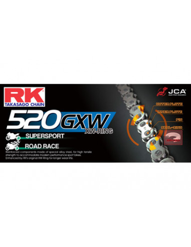 CHAINE RK 520GXW  36 MAILLONS avec Rivet Creux.