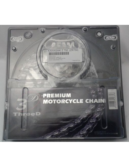 Kit chaine AFAM acier 3D KAWASAKI Z 750 (ZR750) J1,J2,J6,L7,L8,L9F,LAF/LAS,LBF,LCF pas 520 2004 à 2014