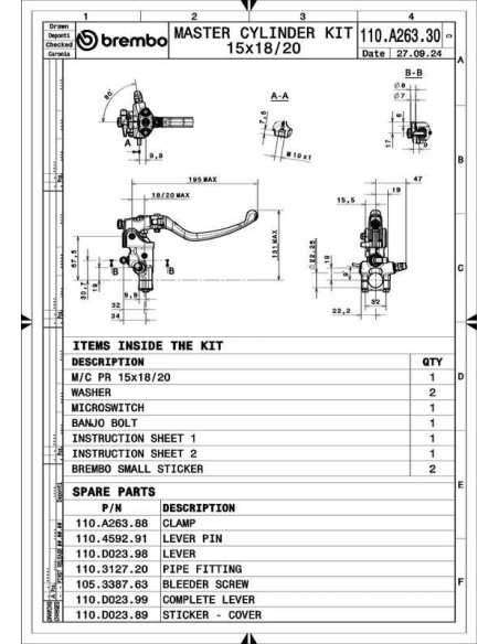 Maître-cylindre de frein BREMBO UPGRADE Pr15 RCS levier long repliable