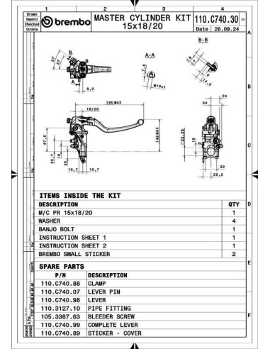 Maître-cylindre de frein BREMBO UPGRADE Pr15 RCS Corsacorta levier long repliable