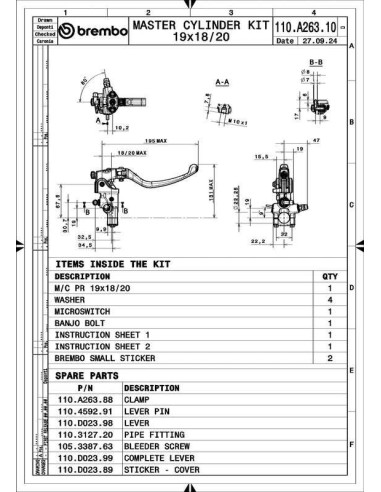 Maître-cylindre de frein BREMBO UPGRADE Pr19 RCS