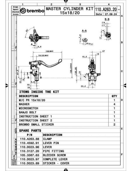 Maître-cylindre de frein BREMBO UPGRADE Pr15 RCS levier court repliable