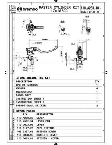 Maître-cylindre de frein BREMBO UPGRADE Pr17 RCS levier long repliable
