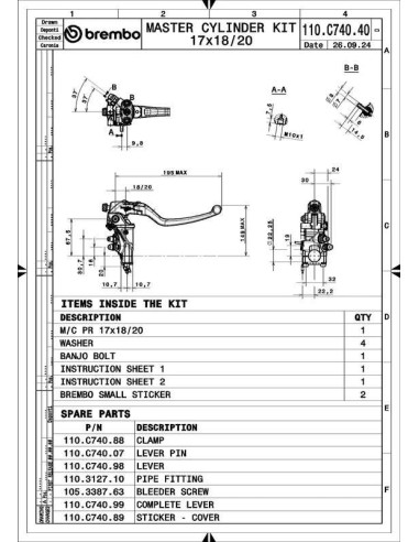 Maître-cylindre de frein BREMBO UPGRADE Pr17 RCS Corsacorta levier long repliable
