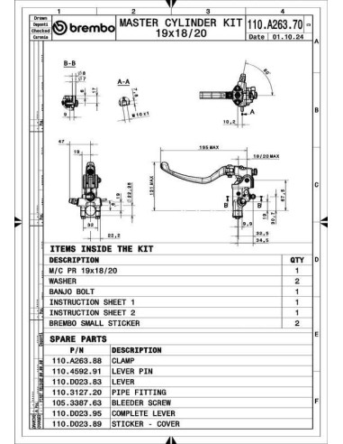 Maître-cylindre d'embrayage BREMBO UPGRADE 19RCS (corps forgé) 19x18-20