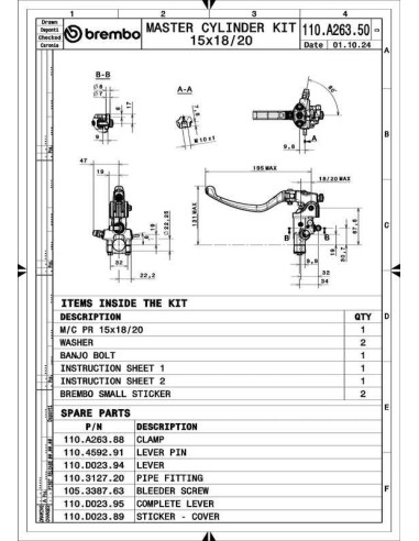 Maître-cylindre d'embrayage BREMBO UPGRADE 16RCS (corps forgé) 16x16-18